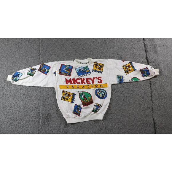 Vintage Mickey Mouse Sweatshirt L Kids All Overprint Vacation Graphic Print 80s - Picture 1 of 11